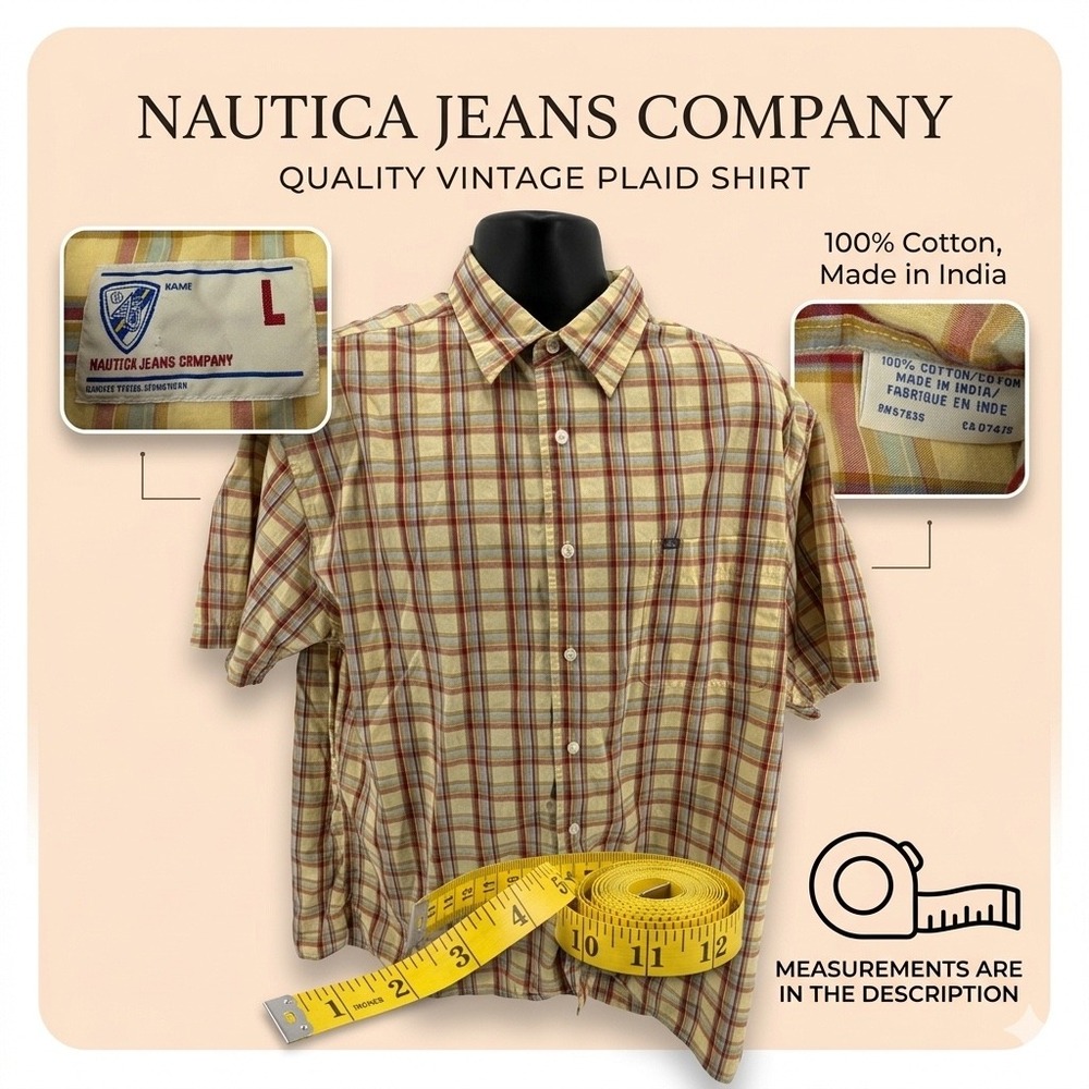 Vintage Nautica Jeans Co Plaid Shirt Mens Large Yellow Red Check‎ Cotton